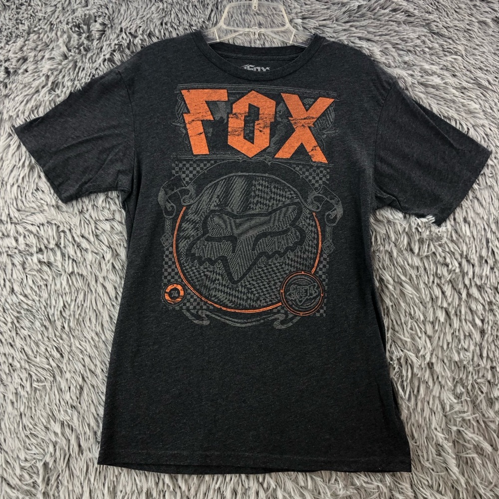 Fox Tshirt Mens Medium Gray Orange Logo Spellout Short Sleeve Shirt